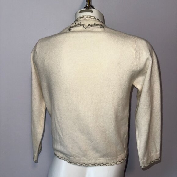 Vtg 60s White Beaded Sequin Cashmere Cardigan Sweater Lined Womens Size 38 - Picture 3 of 5